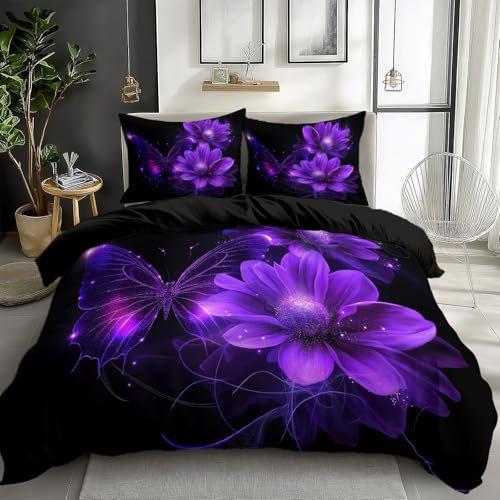 Bettwäsche 220x240cm Chrysantheme Lila Schmetterling Polyester Baumwolle Bettbezug Set, Weich Bügelfrei Bettwäsche-Sets für Kinder Junge Mädchen Zimmer Dekoration, mit Kissenbezüge