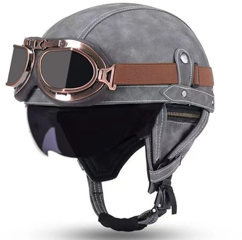 VVPEC Caschi Moto retrò Vintage, Casco Scodella Semi Integrale con Occhiali, Casco Aperto Jet in ABS, Certificato ECEDOT, per Motocicletta, Scooter e Bici Elettrica per Uomo e Donna(1,M=57~58cm)