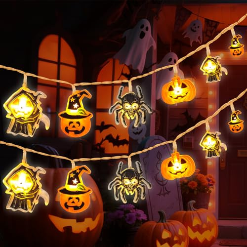 Halloween Lichterkette Outdoor Indoor, 3M 20 LED Kürbis Lichterkette Batterie mit Hexe Spinne für Halloween Deko Kürbis Garten Fenster
