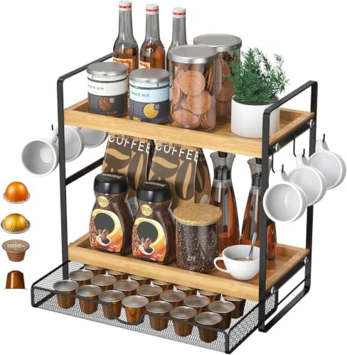 LEMIKKLE 2-nivåers Kaffestationsorganiserare med Kapselhållare och Låda, Köksbänorganiserare, Kaffebarstillbehörsstation med Kaffekapselförvaring, Kaffeorganiserare