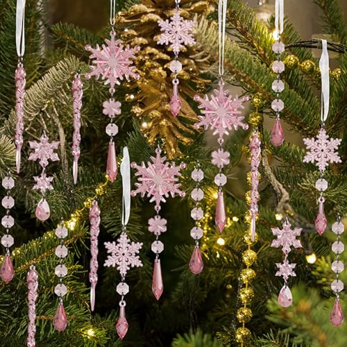18pcs Crystal Christmas Ornaments Set, Christmas Tree Decorations, Hanging Acrylic Snowflake & Icicle & Bead Garland Ornaments with Drop Pendants for Window, Winter Holiday New Year Deco (Pink)