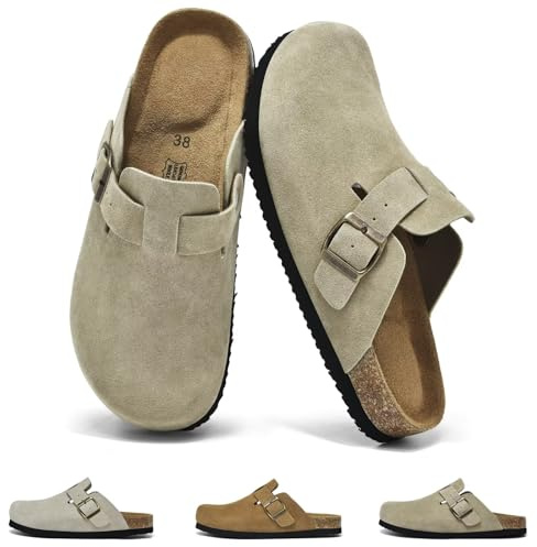 Wizshoe Zuecos y Mules para Mujer Pantuflas con Plantilla de Corcho Zapatillas de Jardín Cómodas Sandalias con Hebilla Ajustables Mules Cerradas Zapatillas Casa Antideslizante Beige 39EU