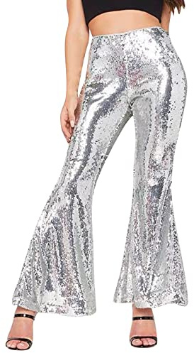 Pailettenhose Damen Elegant Einfarbig Lange Glitzer Hose Silvester Outfit Pailletten Karneval Kostüm Pailettenhose High Waist Weites Bein Paillettenhose Schlaghose mit Pailletten Disco Glitzerhosen