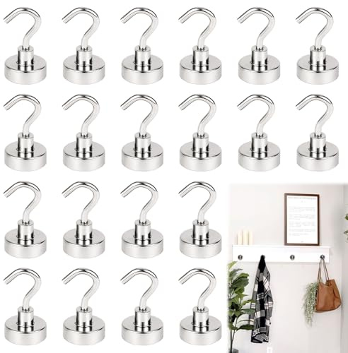 Quvxzy 20 Stück Magnethaken Klein, Magnetische Haken Stark 20mm, Magnete mit Haken aus Neodym für Küche und Outdoor, Silber Haken Set mit Haftkraft