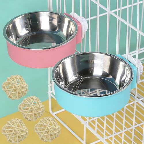 KAGEYMB Lot de 2 gamelles suspendues Pour cage, mangeoires suspendues Avec 4 Boules en Osier, gamelle suspendue 2 en 1 amovible en Acier inoxydable Pour Hamsters, cochons d'Inde et Petits animaux