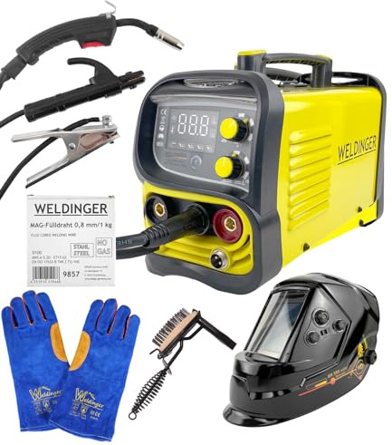 WELDINGER Aktion Fülldrahtschweißgerät ME 130 mini FLUX Schweißhelm Schlackehammer Handschuhe