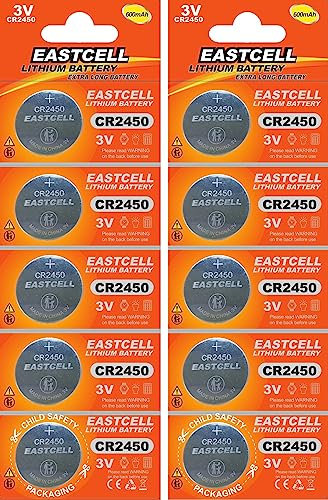 EASTCELL CR2450 3V Lithium Knopfzellen – 600 mAh – 10 Stück (2 Blister à 5) – ersetzt DL2450, BR2450 – langlebige Batterien für Autoschlüssel, Fernbedienungen & Elektronikgeräte