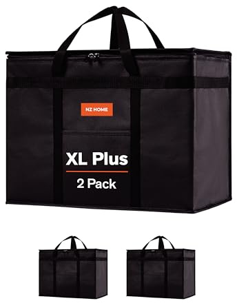 NZ home Insulated Bags for Food Delivery (XL Plus) Grocery Shopping Cooler Bag, Pizza Delivery, Hot & Cold Catering Tote, Reusable, Foldable & Heavy Duty (2 Pack, Black)