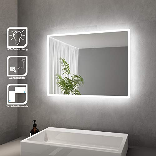 ELEGANT Badspiegel mit LED-Beleuchtung Energiesparend LED Badezimmerspiegel 80 x 60 cm kaltweiß IP44 Badezimmer Wandspiegel Bad Spiegel
