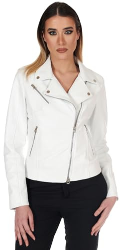 D'Arienzo Chiodo Pelle Donna Bianco Giacca Biker Vera Pelle Made in Italy Kbc S/Bianco
