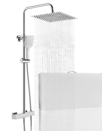 AICA Colonna Doccia con Miscelatore Termostatico Altezza Regolabile 73-120cm, Soffione 30x30cm e Doccetta 3 Funzioni per Bagno, Cromato