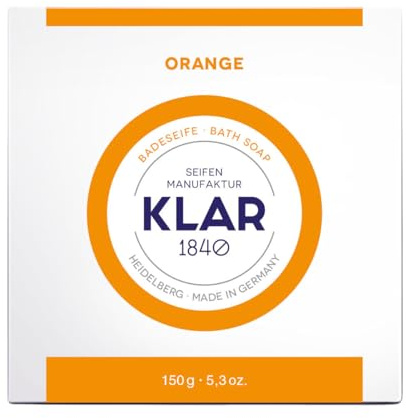Klar Seifen Badeseife Orange 150g, Cosmos zertifiziert, palmölfrei, geeignet für normale Haut, wirkt stimmungsaufhellend, Seife 11020 | Badeseife mit frischem Orangenduft, palmölfrei und Cosmos-zertifiziert, wirkt stimmungsaufhellend, für normale Haut geeignet