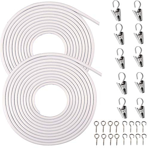 Gocelyn 2 Pack 3-Meter White Curtain Wire Kits with 10 Stainless Steel Curtain Clips and Screw Eyes & Hooks
