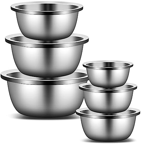 Enther Mixing Bowls - Set of 6 Stainless Steel Mixing Bowls with 304 Stainless Steel - Heavy Duty, Easy To Clean, Nesting Bowls Space Saving Storage, Great for Cooking, Baking, Salad, Silver