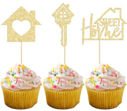 Gyufise 24PCS Sweet Home Cupcake Toppers Gold Glitter Key Housewarming Cupcake Picks New Home Theme Party Cake Decorations Supplies