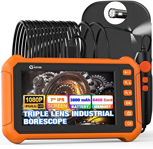 KZYEE KZ3000Pro Endoscopio Industrial de Triple Lente, Cámara de inspección 1080P HD, Cámara de Endoscopio de Pantalla 7 IPS con 8 Luces LED, Cable Semirrígida de 3.5M, 3800mAh, 64GB
