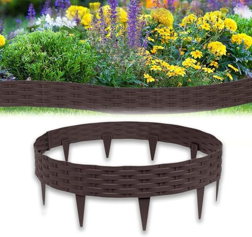 Froadp Rattan Optik Beeteinfassung Rasenkante Set, 100cm Beetumrandungen Kunststoff Rasenkantensteine, Plastik Rasenbegrenzung Beetzaun, Beetabgrenzung Garten Palisaden (30m=30 Stück, Braun)