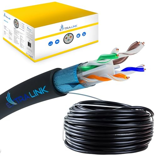 EXTRALINK Câble Ethernet CAT6 305M pour extérieur, câble réseau LAN – 100% cuivre, F/UTP avec GEL, compatible PoE, résistant aux UV, avec gaine extérieure en PE durable et résistante aux intempéries
