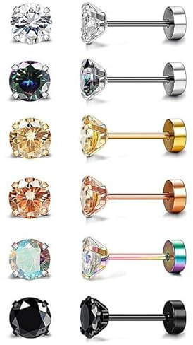 Diamday 6Pairs 20G Edelstahl Knorpel Ohrstecker für Frauen Männer Mädchen Tragus CZ flach zurück Schraube zurück Ohrring setzt Helix hypoallergen Ohr Piercing Schmuck D