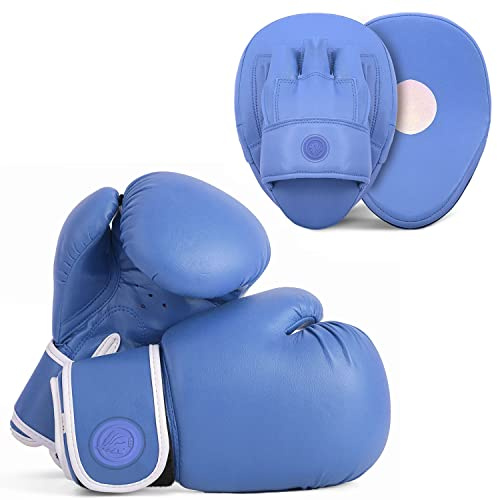 Lions Boys Boxing Gloves and Pads - Set of Sparring Punching Mma Focus Hook & Jab Training Mitts (BLUE-PLAIN, 16 OZ)