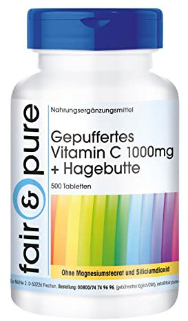 Fair & Pure® - Gepuffertes Vitamin C 1000mg + Hagebutte - 500 Tabletten Calcium-L-Ascorbat - Großpackung, hochdosiert - vegan - deutsche Qualitätsherstellung