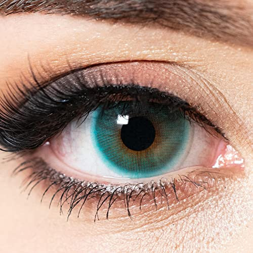 Kontaktlinsen farbig ohne Stärke grün-blau | farbige Jahreslinsen türkis | weiche Linsen Hydrogel | 2 Stück Farblinsen + Linsenbehälter | 0.0 Dioptrien | natürliche Farben | Charmiga Maritime