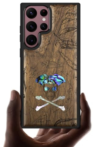 Carveit Designer Wooden Case for Samsung Galaxy S22 Ultra Case Cover [Wood Engraving & Shell Inlay] Wood Phone Case Compatible with Wireless Chargers Galaxy S22 Ultra Case (Pirate skull-Walnut)