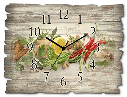ARTLAND Wanddeko Wanduhr ohne Tickgeräusche aus Holz Funk Uhr lautlos Rechteckig 40x30 cm Essen Lebensmittel Gewürze Kräuter Zitrone Chilli Vintage Rustikal U1RK