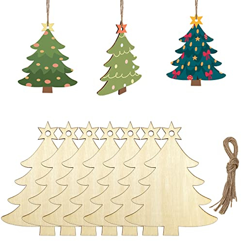 30 Pcs Wooden Christmas Decorations, Wooden Ornaments Mini Christmas Tree Decor Hanging with Twine for Xmas DIY Crafting Decor