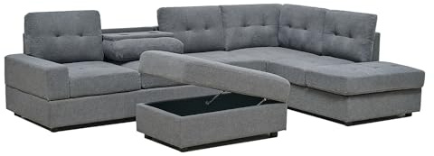 SofaHeaven Western Grey Fabric Corner Sofa With Cup Holder & Ottoman - L shape High Back Suite For Living Room - Cheap Sofas & Couches-3020 (Right Hand Side)