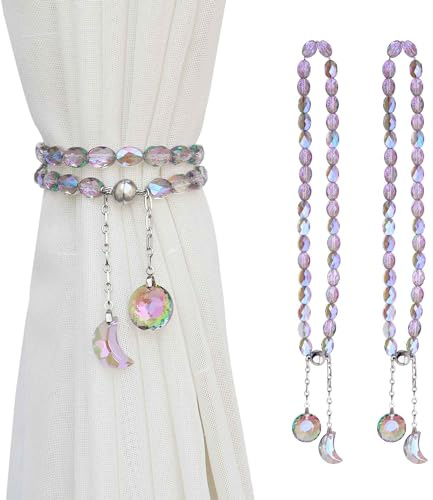 PEDOBO Magnetic Curtain Tiebacks, 2 Pack Crystal Beaded Sun & Moon Pendants Sheers/Draperies Holdbacks for Window Home Office Decor (Purple)