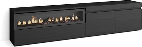 Skraut Home | TV-Schrank, Lowboard | für Wohnzimmer und Esszimmer | 200x45x35cm | Für TV-Geräte bis zu 80 | Elektrokamin. Maße | Moderner Stil | Schwarz
