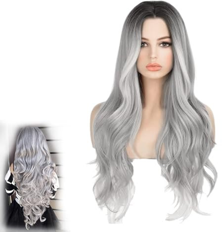 Pelucas Largas Grises, Pelucas Para Mujeres, Ombre Gris Plata Largo Rizado, Peluca Larga Gris Ombré, Plata Gris Largo Rizo Peluca, Pelucas Onduladas Sintéticas Para Disfraz Fiesta Halloween