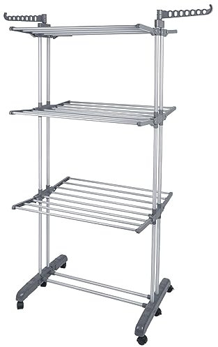 HUOLE Séchoir à linge vertical extensible à 3 niveaux avec roues, en acier inoxydable pour balcon extérieur, séchoir pour intérieur (tube de cendres)