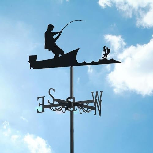 Girouette, PêCheur Et Poisson Girouette en Acier Inoxydable avec Piquet Sol Et Fixation Murale, Indicateur Direction Girouette pour DéCorations Tonnelle Jardin Cour Ferme(A)