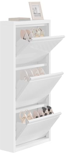 WOLTU Schuhschrank mit 3 Klappen, Schuhregal geschlossen, Schuhkommode schmal, aus Metall, für Flur Diele Wohnzimmer, 50x106x15 cm, Weiß