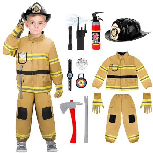 deAO Feuerwehr Kostüm Set für Kinder, Kinder Feuerwehr Rollenspiel Set mit Feuerlöscher Jacke Helm Pfeife Spielzeug, feuerwehr Cosplay 4-6 Jahre alt Jungen Mädchen Kindertag Karneval, Gelbe (Größe-S)