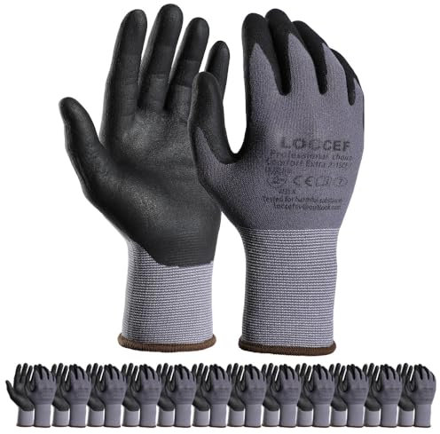 LOCCEF 12 Paires de Gants de Travail Professionnels - Revêtement Nitrile Micro-Mousse, Nylon Sans Couture, Résistants pour Travail/Bricolage, Adaptés aux Hommes et Femmes (7/S, Gris-12 Paires)