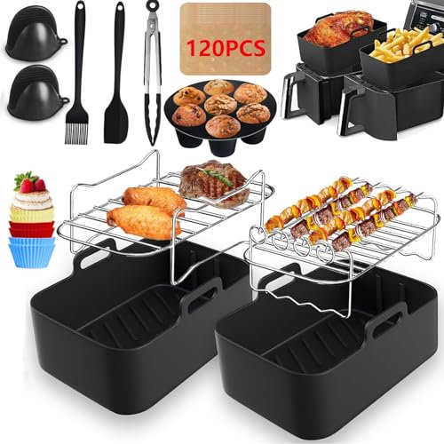 12 Stück Heißluftfritteusen Zubehör für Ninja Foodi AF400EU, AF300EU, 7.6L-9.5L Max Dual Zone Heißluftfritteuse, Airfryer Zubehör Silikonform,Grillrost,Backform, BPA-frei Air Fryer Accessories,Schwarz