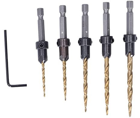 5Pcs/Set Countersink Drill Bit Set, Hex Shank Imperial, Plated Tapered Drills Bits for Wood Plastic PVC, with 2 Chamfering Grooves, Resistant, High Durability