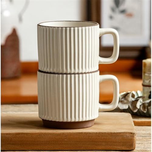 Treer Coffee Cup set 2-piece Matte Stripes Ceramic Mug with Handle, 250ml Tea Cup, Espresso Cup, Lattes Cup,Cappuccino Cup, Suitable for Office and Home, Microwave Safe (Beige)