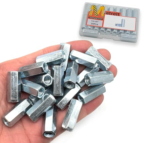 Matrelt 20Pcs 1/4-20 Hex Coupling Nut, Threaded Rods Coupling Nuts Zinc Plating Extended Hexagon Rod Coupling Nuts, Threaded Connectors for Full All Threaded Rod, Eyebolts,Wedge Anchor,Chain Links