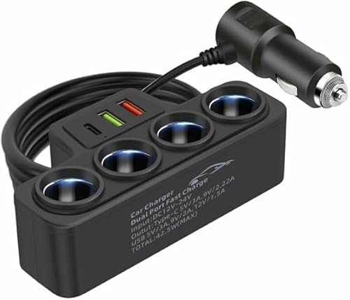 Caricabatteria da auto a 4 vie, separatore, adattatore di alimentazione con presa multipla, QC3.0 + USB3.1A + PD3.1A, accendisigari del caricatore da auto 12 V-24 V