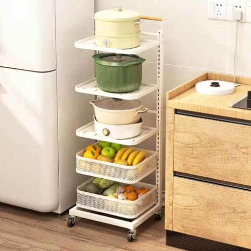 WLCNYL Étagère de Rangement de Cuisine à 3 Niveaux pour poêles à Frire, casseroles et poêles avec étagère d'angle pour Micro-Ondes, Blanche, 5 Planches, 3 paniers