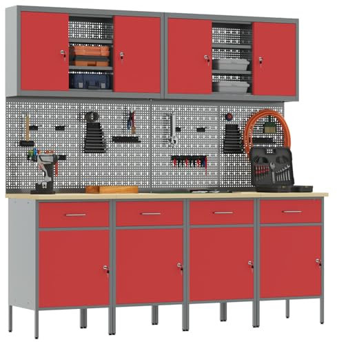 vidaXL Industriellt verktygsskåp med 1 låda Dörr Röd och Grå Stål Pegboard Krokar Höjdjusterbara fötter För Garage eller Verkstad Använd Verktygsförvaring Organisatör Arbetsbänk Organisation Låsbar