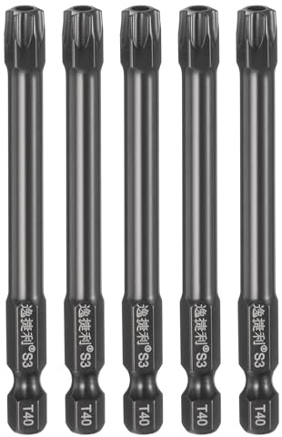 sourcing map Lot de 5 embouts de tournevis à tête Torx T40 de 6,35 mm, tige hexagonale de 75 mm de long, magnétique, inviolable, 6 points, en acier poli miroir, outil électrique avec trou