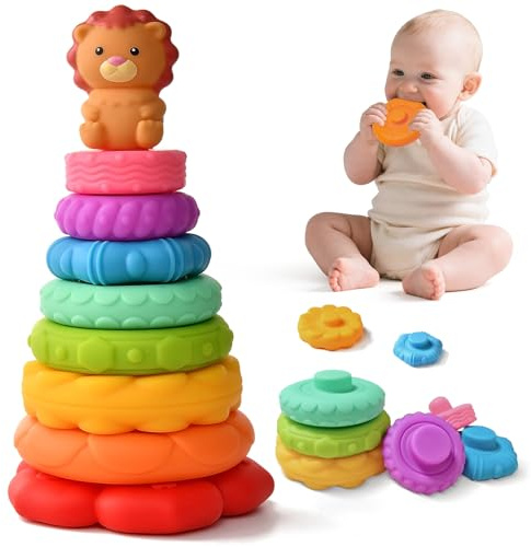 Tacobear Bebe Jouet Tour Empilable Empileur Arc-en-Ciel avec Anneaux, Jouet Dentition Jeux Eveil Montessori Éducation Précoce Cadeau pour Bébés 6 12 18 Mois (avec Figurine de Lion)