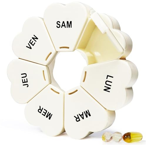 MOLN HYMY Pilulier Hebdomadaire 7 Jours, Forme de Fleur, Distributeur de Médicaments et Vitamines, Grande Capacité, Sans BPA (crème blanche)