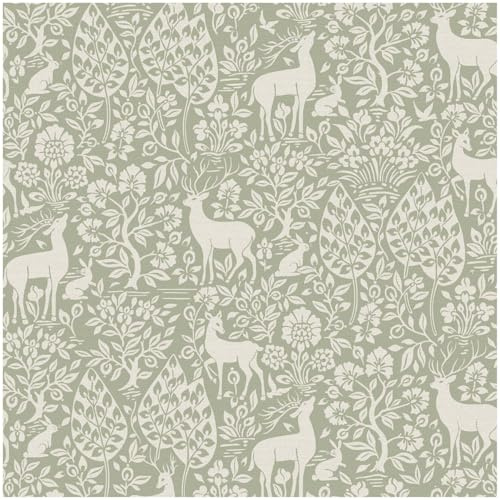 YöL Deer Woods Animals Forest Sage Green Wallpaper - Contemporary Versatile - 10.05m x 53cm Roll - Feature Statement Wall - Dining Room Living Room Kids Room Lounge