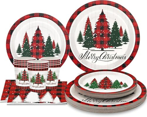 LATERN 100 Pezzi Stoviglie di Carta per Feste Natalizie, 25 x 9 Pollici Piatti Piani, 25 x 7 Pollici Piatti da Insalata, 25 x 270ml Tazze, 25 x 16CM Tovaglioli - per Natale Festività Feste Decorazioni